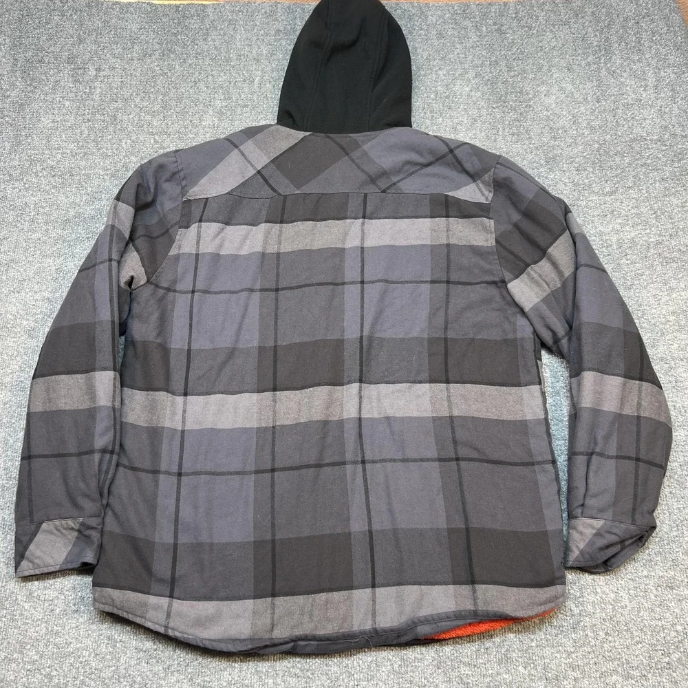 Troll Co Jacket Mens Large Gray Plaid Flannel Hooded Sherpa Lined Parka Snap